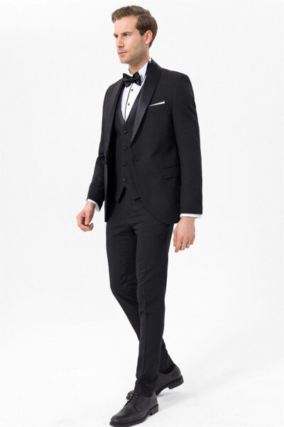 Groom's Suit with Narrow Fit Vest, Single Button, Black - 5