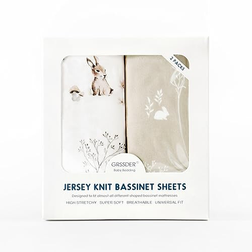 GRSSDER Stretch Ultra Soft Fitted Bassinet Sheet Set 2 Pack, Universal Fit for Bassinets Baby Cradle Moses Basket Oval Rectangle Mattress Safe and Snug, Stylish Watercolor Rabbit Pattern - 33