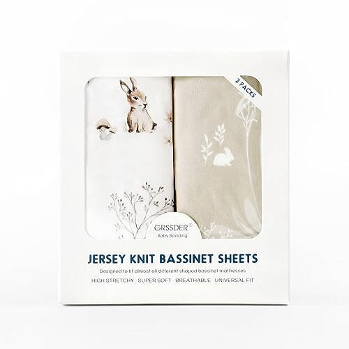 GRSSDER Stretch Ultra Soft Fitted Bassinet Sheet Set 2 Pack, Universal Fit for Bassinets Baby Cradle Moses Basket Oval Rectangle Mattress Safe and Snug, Stylish Watercolor Rabbit Pattern - 33