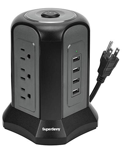 Güç Şeridi Kule Dalgalanma Korumalı, SUPERDANNY Masaüstü Şarj İstasyonu, 10 Ft Uzatma Kablosu, 9 Priz, 4 USB Portu, 1080 Joule, 3-Pirili, Topraklanmış, Ev, Ofis İçin Çoklu Korumalar, Siyah - 7