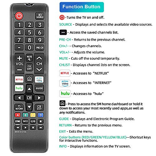 Gvirtue BN59-01315A Remote Control Replacement for Samsung-Smart-TV-Remote All Samsung LED QLED LCD 6/7/8/9 Series 4K UHD HDTV HDR Flat Curved Smart TV, with Netflix, Prime Video and Hulu Button - 4