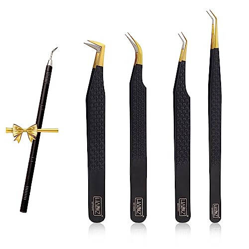 HADIZ Set of 4 Stainless Steel Diamond Grip Eyelash Extension Tweezers (Black, Unique) - 1