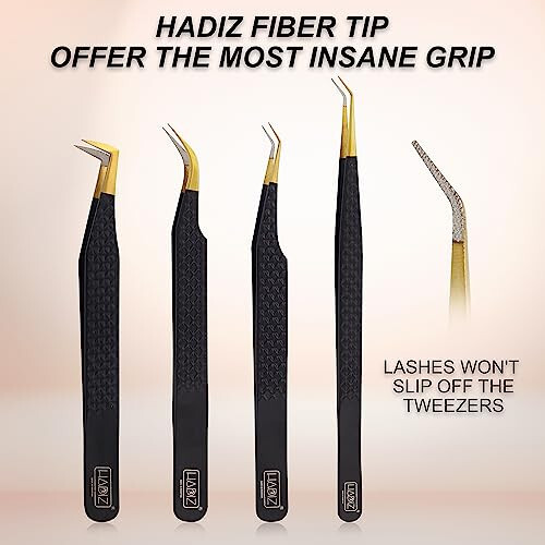 HADIZ Set of 4 Stainless Steel Diamond Grip Eyelash Extension Tweezers (Black, Unique) - 2