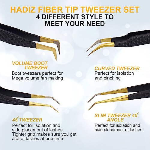 HADIZ Set of 4 Stainless Steel Diamond Grip Eyelash Extension Tweezers (Black, Unique) - 3