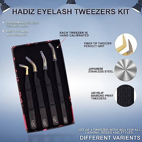 HADIZ Set of 4 Stainless Steel Diamond Grip Eyelash Extension Tweezers (Black, Unique) - 5