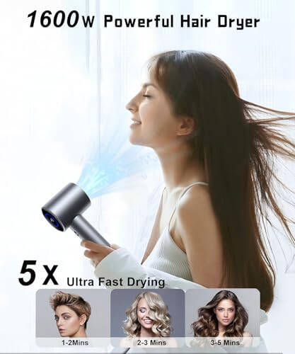 Hair Dryer, 160000 RPM High Speed Professional Blow Dryer Negative Ionic Care Hair Dryer for Fast Drying Low Noise Thermo-Control Hairdryer with Magnetic Diffuser Nozzle Air Curler for Home Travel - 2