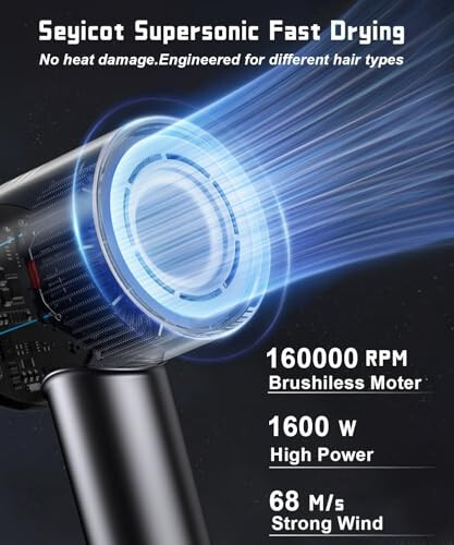 Hair Dryer, 160000 RPM High Speed Professional Blow Dryer Negative Ionic Care Hair Dryer for Fast Drying Low Noise Thermo-Control Hairdryer with Magnetic Diffuser Nozzle Air Curler for Home Travel - 5