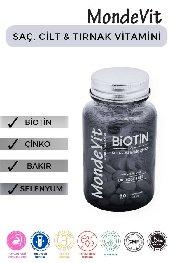 Hair Vitamin 60 Tablets Biotin 5000 mcg - Zinc 15 mg - Copper 2000 mcg - Selenium 50 mcg - 1