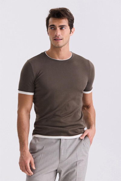 Haki Slim Fit Triko Bisiklet Yaka T-Shirt - 1