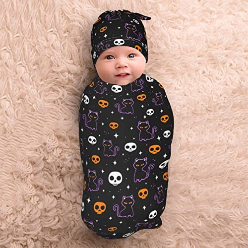 Halloween Bat Cat Baby Stuff Swaddle Blankets Baby Wrap Baby Newborn Receiving Blanket Soft Sleep Sacks Stretchy with Hat Set Gift for Infant Boy Girl Baby Shower Swaddle me 0-3 Month （1-9） - 43