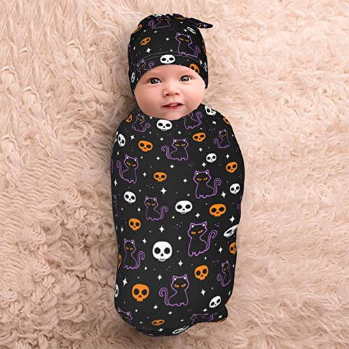 Halloween Bat Cat Baby Stuff Swaddle Blankets Baby Wrap Baby Newborn Receiving Blanket Soft Sleep Sacks Stretchy with Hat Set Gift for Infant Boy Girl Baby Shower Swaddle me 0-3 Month （1-9） - 43