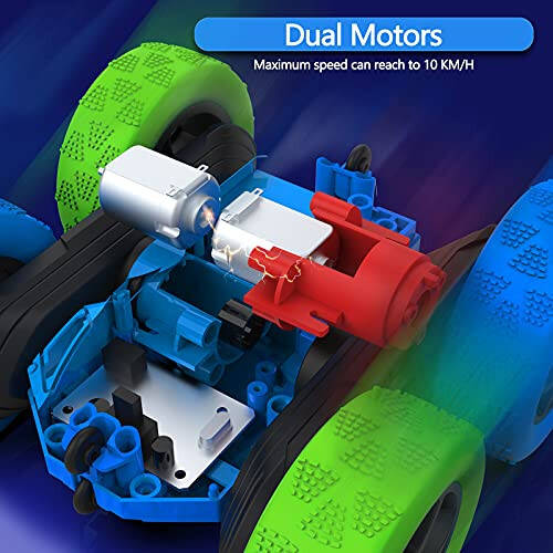 Hamdol 6-12 Yaş Çocuklar İçin Çift Taraflı 360° Dönen 4WD Uzaktan Kumandalı Araba, Farlı, 2.4GHz Elektrikli Şarj Edilebilir Yarış Stunt Oyuncak Araba, Erkek ve Kızlar İçin Doğum Günü Hediyesi (Mavi&Yeşil) - 3