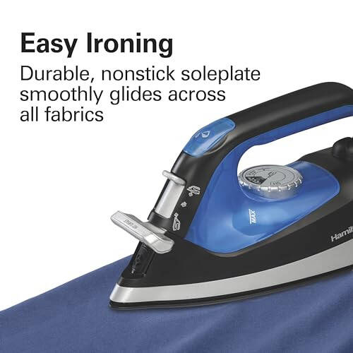 Hamilton Beach 2-in-1 Steam Iron for Clothes and Garment Steamer with 5 Temperature Settings, Nonstick Soleplate, 1200 Watts, 8’ Cord, Black & Blue (14525F) - 4