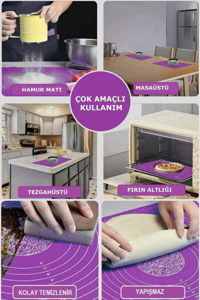 Hamur Matı Açma Silikon Silpat Hamur Açma Silikon Pasta Fırın Hamur Matı Alt Açma Mor Büyük Boy - 7