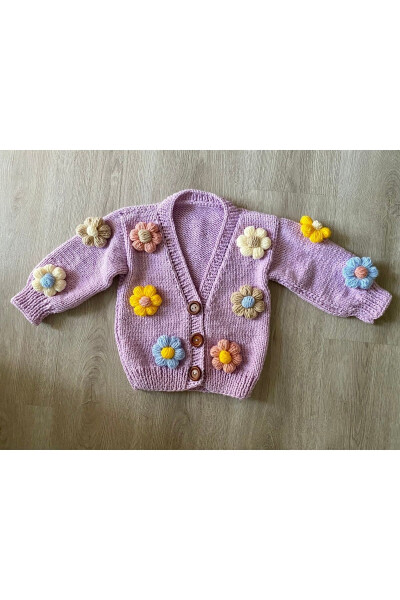 Hand-Knit Baby Cardigan with Daisies Lilac - 1