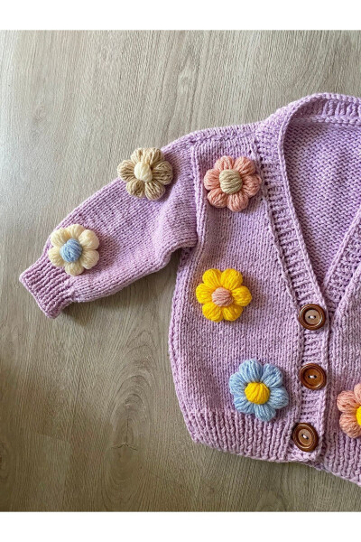 Hand-Knit Baby Cardigan with Daisies Lilac - 2