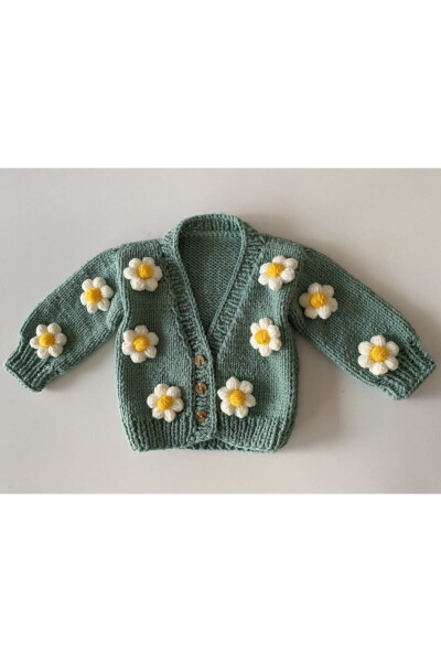 Hand-Knit Daisy Baby Cardigan Mint - 1