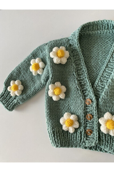 Hand-Knit Daisy Baby Cardigan Mint - 2