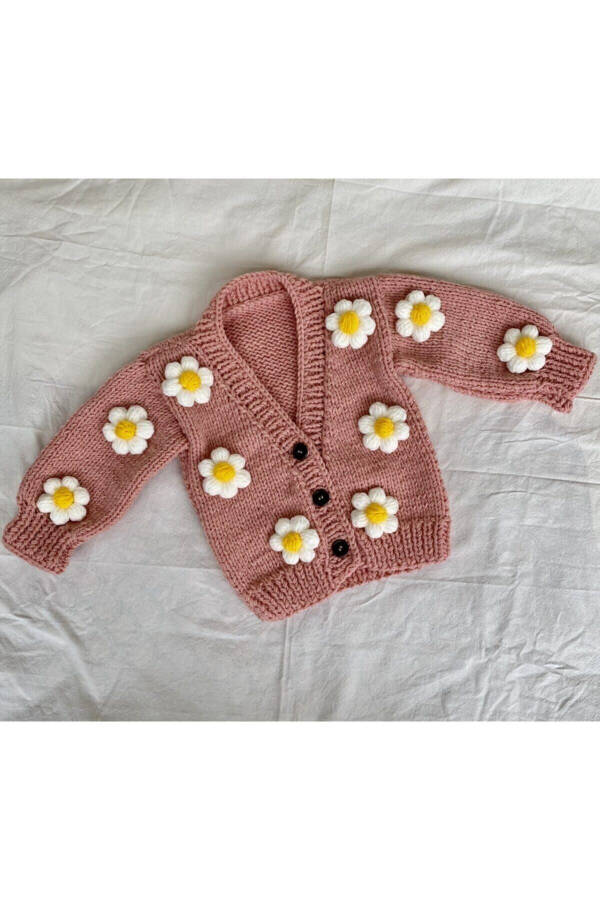 Hand-Knitted Baby Cardigan with Daisies Pink - 1