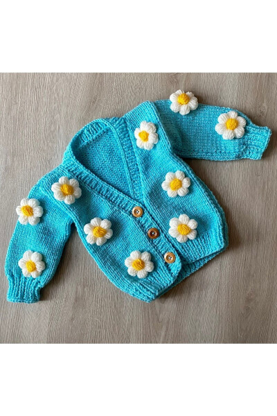 Hand-knitted Daisy Baby Cardigan Turquoise - 1