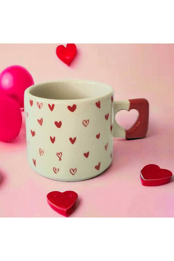 Handcrafted Natural Ceramic Heart Mug with Red Tiny Hearts - Tea & Coffee Cup - 3