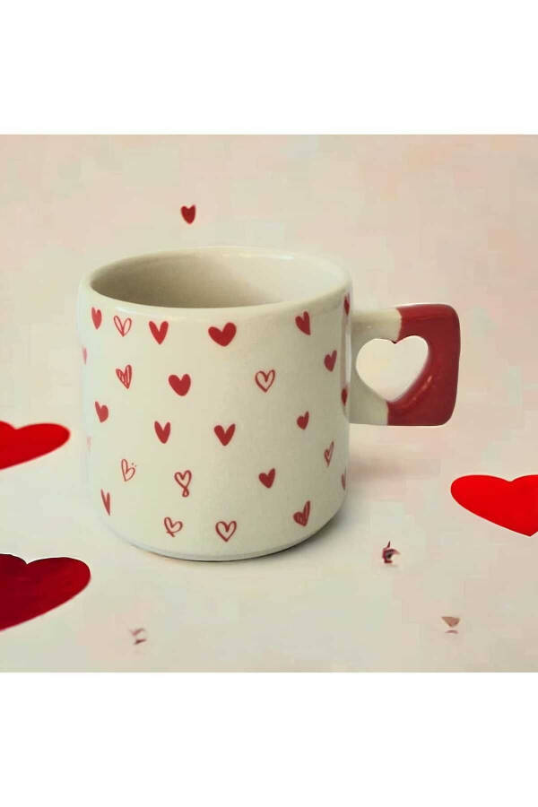 Handcrafted Natural Ceramic Heart Mug with Red Tiny Hearts - Tea & Coffee Cup - 4