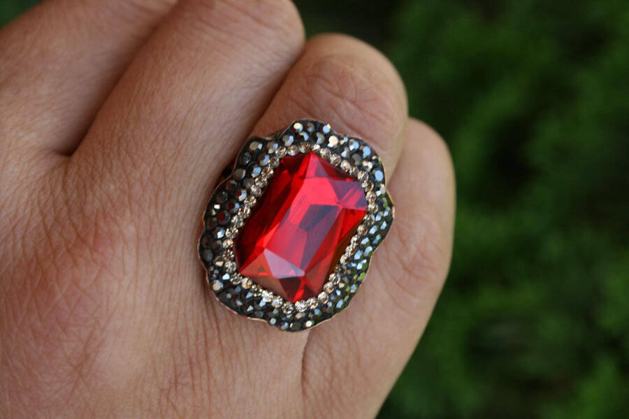 Handmade Adjustable Women's Ring with Red Crystal Stone - 1