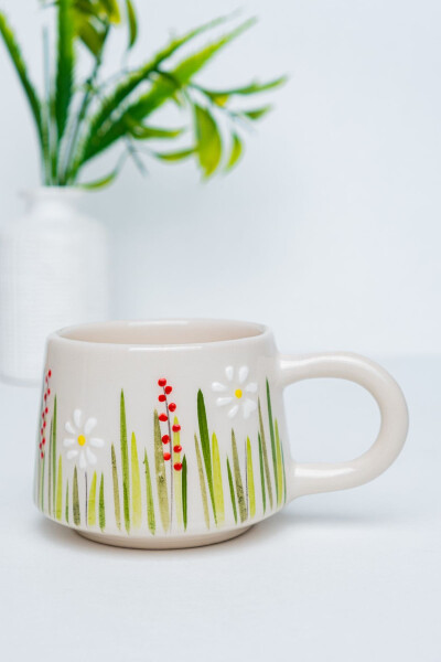 Handmade Ceramic Coffee Cup, Ceramic Double Mug, Cup, White Flower Design Coffee Cup - 1