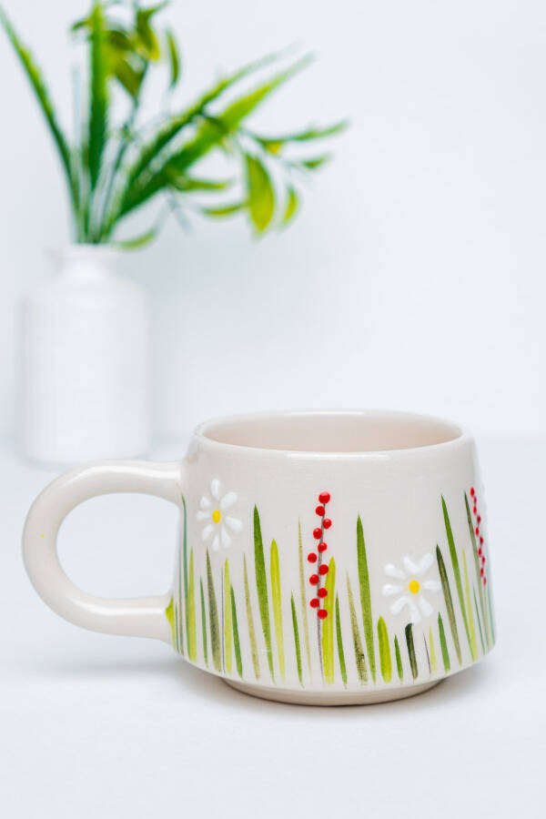 Handmade Ceramic Coffee Cup, Ceramic Double Mug, Cup, White Flower Design Coffee Cup - 2