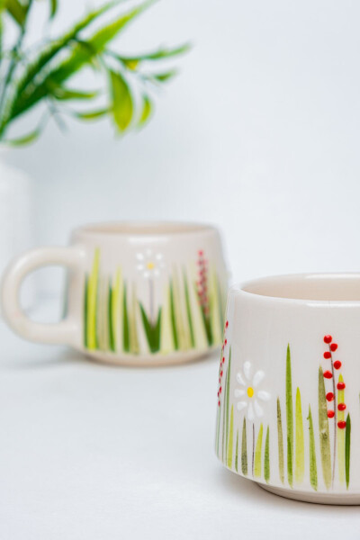 Handmade Ceramic Coffee Cup, Ceramic Double Mug, Cup, White Flower Design Coffee Cup - 3