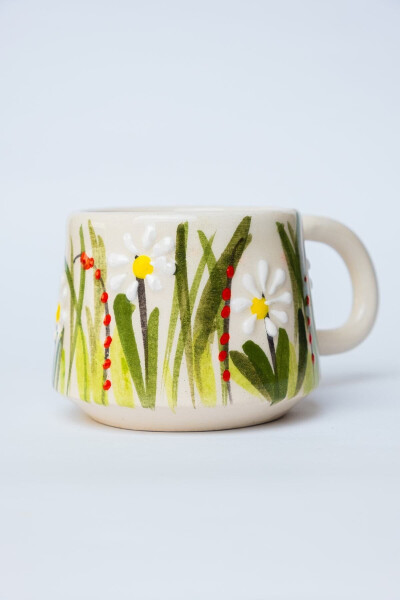 Handmade Ceramic Coffee Cup, Ceramic Double Mug, Cup, White Flower Design Coffee Cup - 4