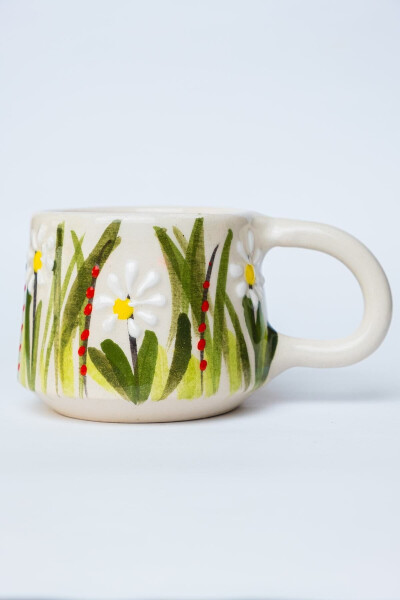 Handmade Ceramic Coffee Cup, Ceramic Double Mug, Cup, White Flower Design Coffee Cup - 6