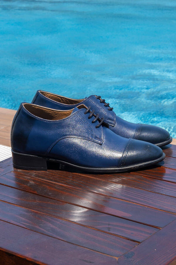 Handmade Navy Blue Oxford Style Shoes with Hidden Heel for Groom, Height Increasing 7/9 Cm - 2