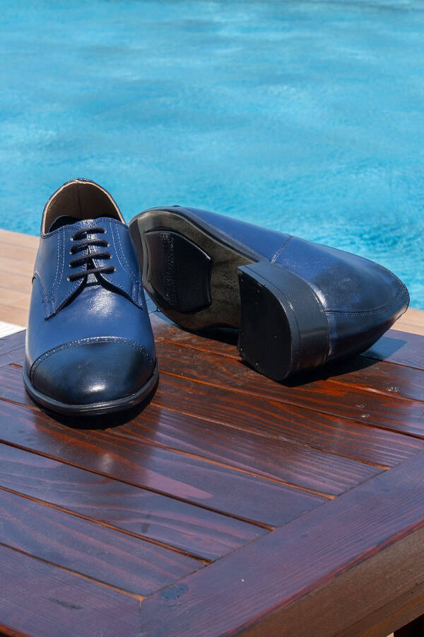 Handmade Navy Blue Oxford Style Shoes with Hidden Heel for Groom, Height Increasing 7/9 Cm - 3