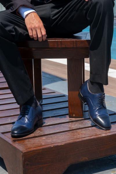 Handmade Navy Blue Oxford Style Shoes with Hidden Heel for Groom, Height Increasing 7/9 Cm - 4