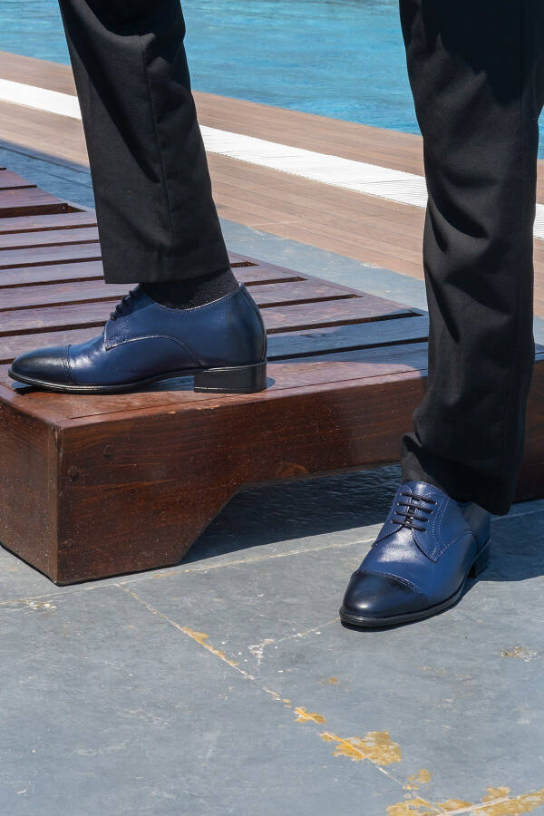 Handmade Navy Blue Oxford Style Shoes with Hidden Heel for Groom, Height Increasing 7/9 Cm - 5