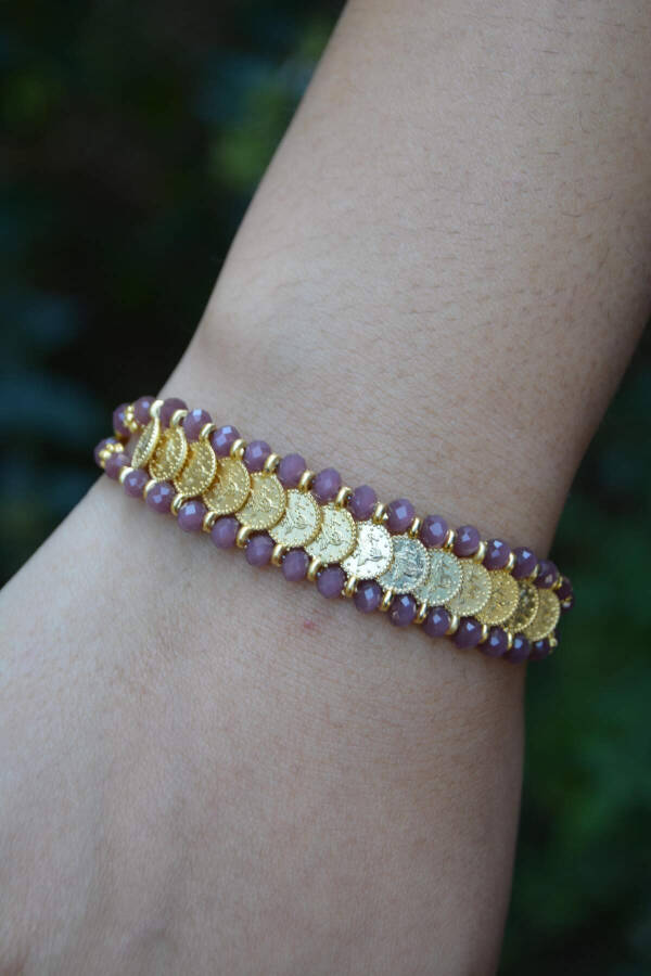 Handmade Purple Women's Bracelet with Gold-Plated Seal, Domestic Production, Made in Turkey - 1