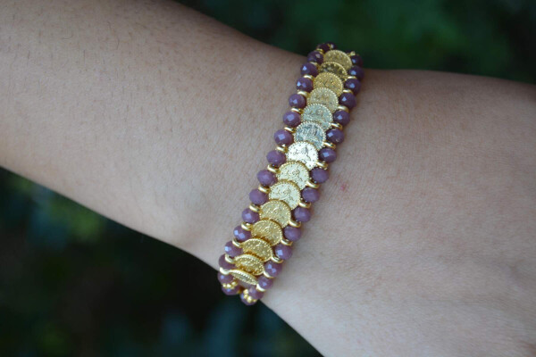 Handmade Purple Women's Bracelet with Gold-Plated Seal, Domestic Production, Made in Turkey - 4