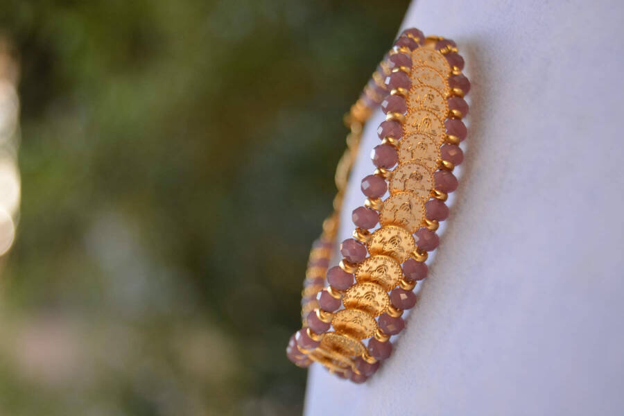 Handmade Purple Women's Bracelet with Gold-Plated Seal, Domestic Production, Made in Turkey - 5