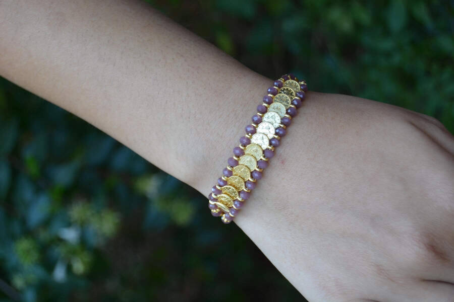 Handmade Purple Women's Bracelet with Gold-Plated Seal, Domestic Production, Made in Turkey - 6