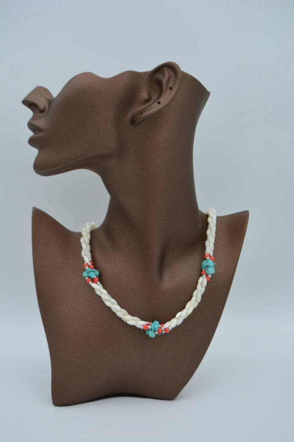 Handmade, unique design, mother-of-pearl and turquoise stone necklace. - 12