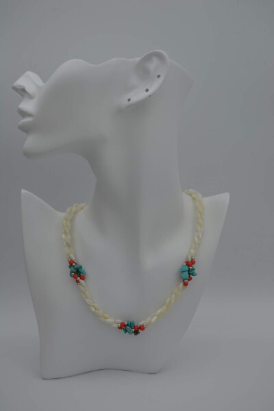 Handmade, unique design, mother-of-pearl and turquoise stone necklace. - 13