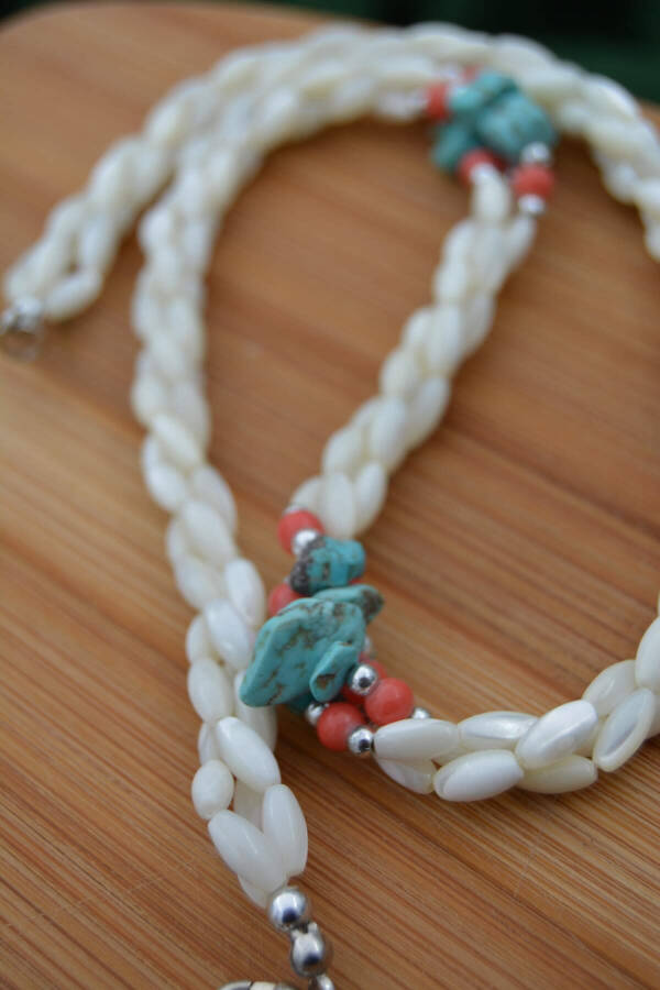 Handmade, unique design, mother-of-pearl and turquoise stone necklace. - 15