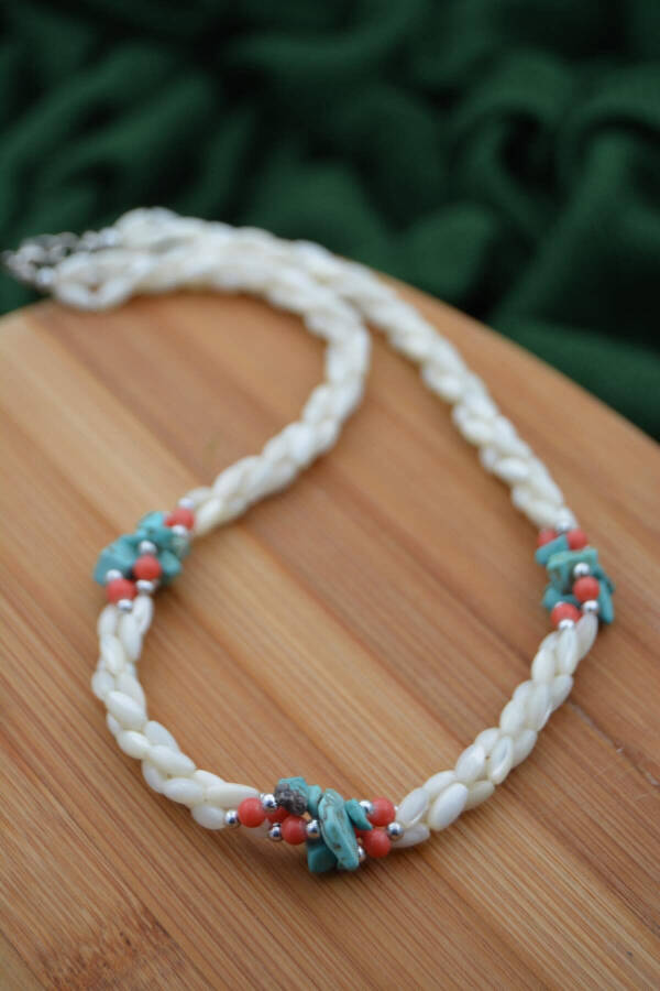 Handmade, unique design, mother-of-pearl and turquoise stone necklace. - 19