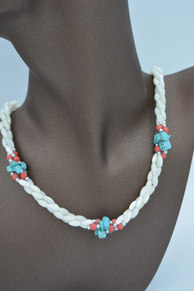 Handmade, unique design, mother-of-pearl and turquoise stone necklace. - 22