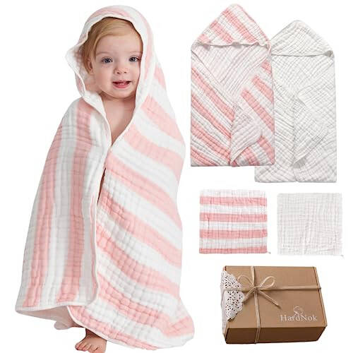 HardNok Muslin Kapşonlu Bebek Havlusu 4'lü Paket, Premium Muslin 6 Katmanlı Doğal Pamuk Bebek Banyo Havlusu, Erkek ve Kız Çocukları İçin Yumuşak ve Rahat (32x32, Pembe Çizgili ve Beyaz) - 1