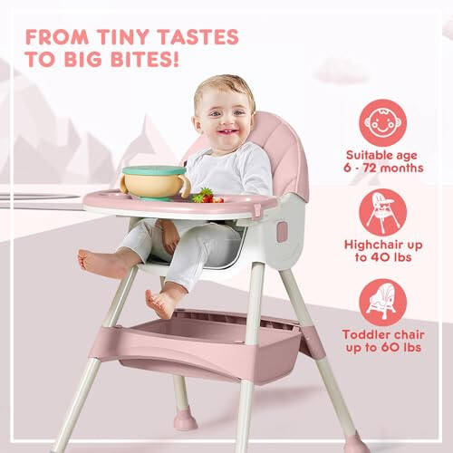 HARPPA Convertible 4-in-1 Baby High Chair for Toddlers with Removable Tray, Wheels & Safety Belt (Pink) - 20