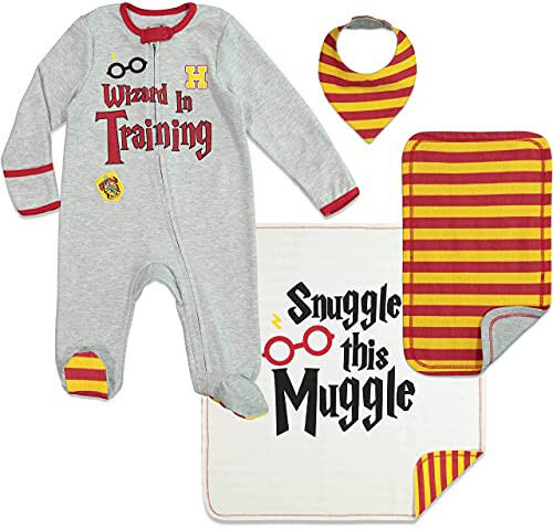 Harry Potter Baby Zip Up Sleep N' Play Coverall Bib Blanket and Burp Cloth 4 Piece Outfit Set Newborn - 31