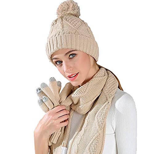 Hat Gloves Scarf Set Women - Beanie Winter Gift Set Warm Knit Pom Cap Touch Screen Glove Long Scarf 3pcs for Women - 1