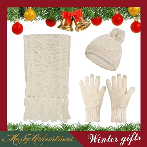 Hat Gloves Scarf Set Women - Beanie Winter Gift Set Warm Knit Pom Cap Touch Screen Glove Long Scarf 3pcs for Women - 2